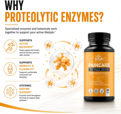 HerbaMe Proteolytic Enzymes with Serrapeptase, Bromelain & Herbal Blend for Mobility & Active Recovery Support, Systemic Enzyme Formula for Joint Flexibility & Active Wellness, 90 Capsules