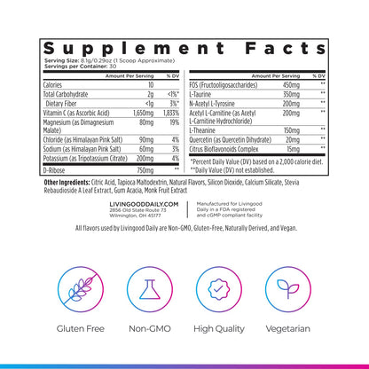 Livingood Daily Electrolytes Powder Strawberry Lemonade, 30 Servings - 4in1 Hydration Powder with Vitamin C, Taurine, D Ribose & FOS, Sugar Free Electrolyte Drink Mix, Keto, Gluten Free - Made in USA