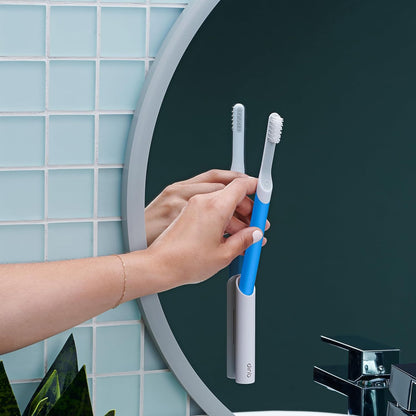 Quip Sonic Toothbrush for Adults with Replacement Heads 3 Pack Product Bundle - Includes Travel Cover Mount - Electric, Soft, Plastic Handle, 3 Month Battery Life - Blue