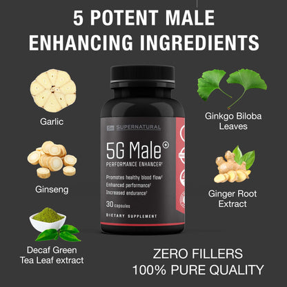 Supernatural Man 5G Male Natural T Booster Enhancing Supplement for Blood Flow, Stamina, Strength & Endurance Ginseng, Garlic, Ginkgo, Ginger Root, Vitamin D - Supports Healthy Males - 30 Capsules