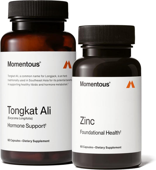Momentous Male Hormone Support Stack - Natural Wellness & Performance Supplement to Support Joint Health, Hormone Balance & Lean Muscle Mass (Tongkat Ali, 30 Servings - Zinc Picolinate, 60 Servings)