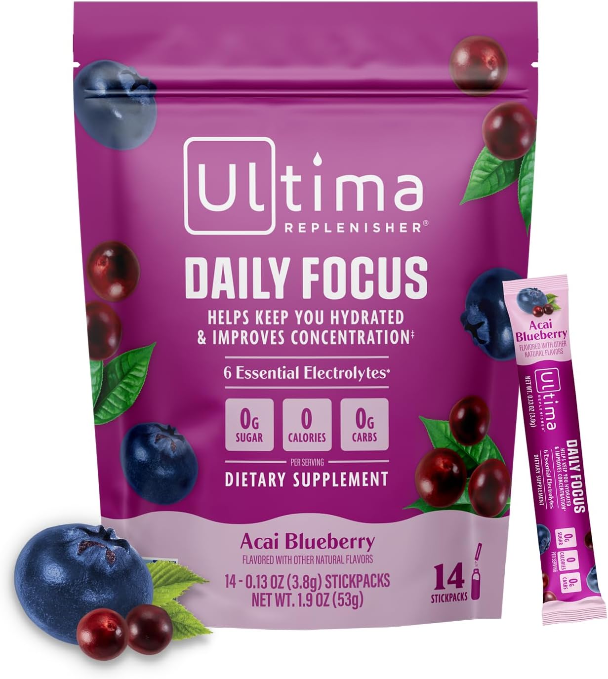 Ultima Replenisher Daily Focus Supplement, Acai Blueberry, 14 Stickpacks | Daily Zero Sugar Electrolyte Powder Hydration Packets with 6 Key Electrolytes & L-Theanine to Improve Focus - Keto Friendly