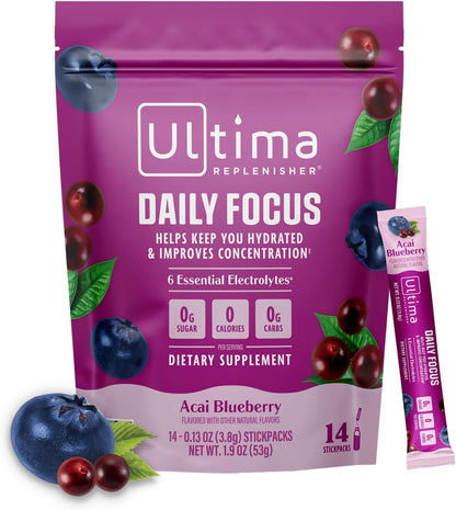 Ultima Replenisher Daily Focus Supplement, Acai Blueberry, 14 Stickpacks | Daily Zero Sugar Electrolyte Powder Hydration Packets with 6 Key Electrolytes & L-Theanine to Improve Focus - Keto Friendly