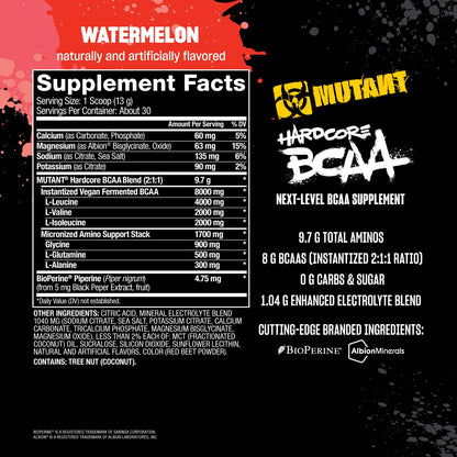 Mutant Hardcore BCAA - Pre, Intra or Post Workout – BCAA Next Level branched-Chain Amino Acids Supplement – Hydration + Recovery - 30 Serving - Blue Raspberry