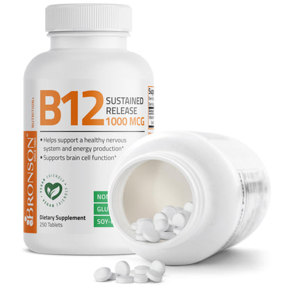 Bronson Vitamin B12 1000 mcg Sustained Release Premium Non GMO Tablets Supports Nervous System, Healthy Brain Function and Energy Production, 100 Count
