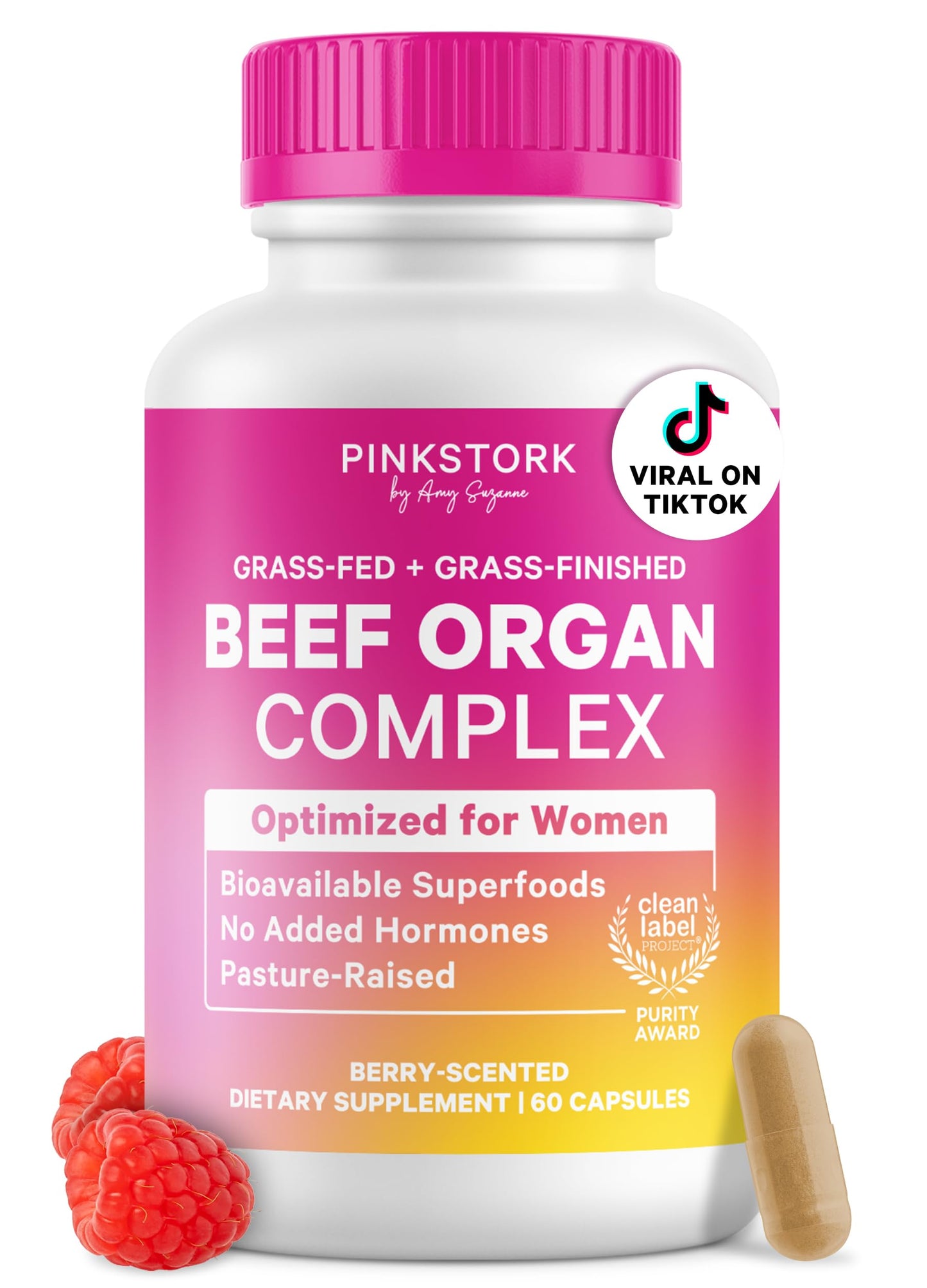 Pink Stork Beef Organ Supplement for Women, Clean Label, 60 Capsules | Grass-Fed Beef Liver Capsules, Iron, B12, CoQ10, Vitamin A, Primal Multivitamin for Hormone + Energy Support