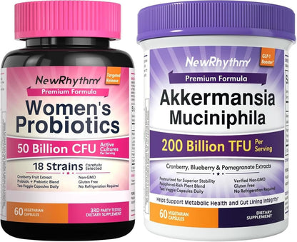 NewRhythm Probiotics Bundle: Women's Probiotics, 50 Billion, Support Digestive Health, 60 Capsules and Akkermansia Muciniphila 200B, Naturally Increase GLP-1 Metabolism Booster Gut Lining Repair, 60
