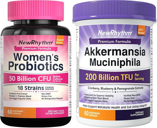 NewRhythm Probiotics Bundle: Women's Probiotics, 50 Billion, Support Digestive Health, 60 Capsules and Akkermansia Muciniphila 200B, Naturally Increase GLP-1 Metabolism Booster Gut Lining Repair, 60