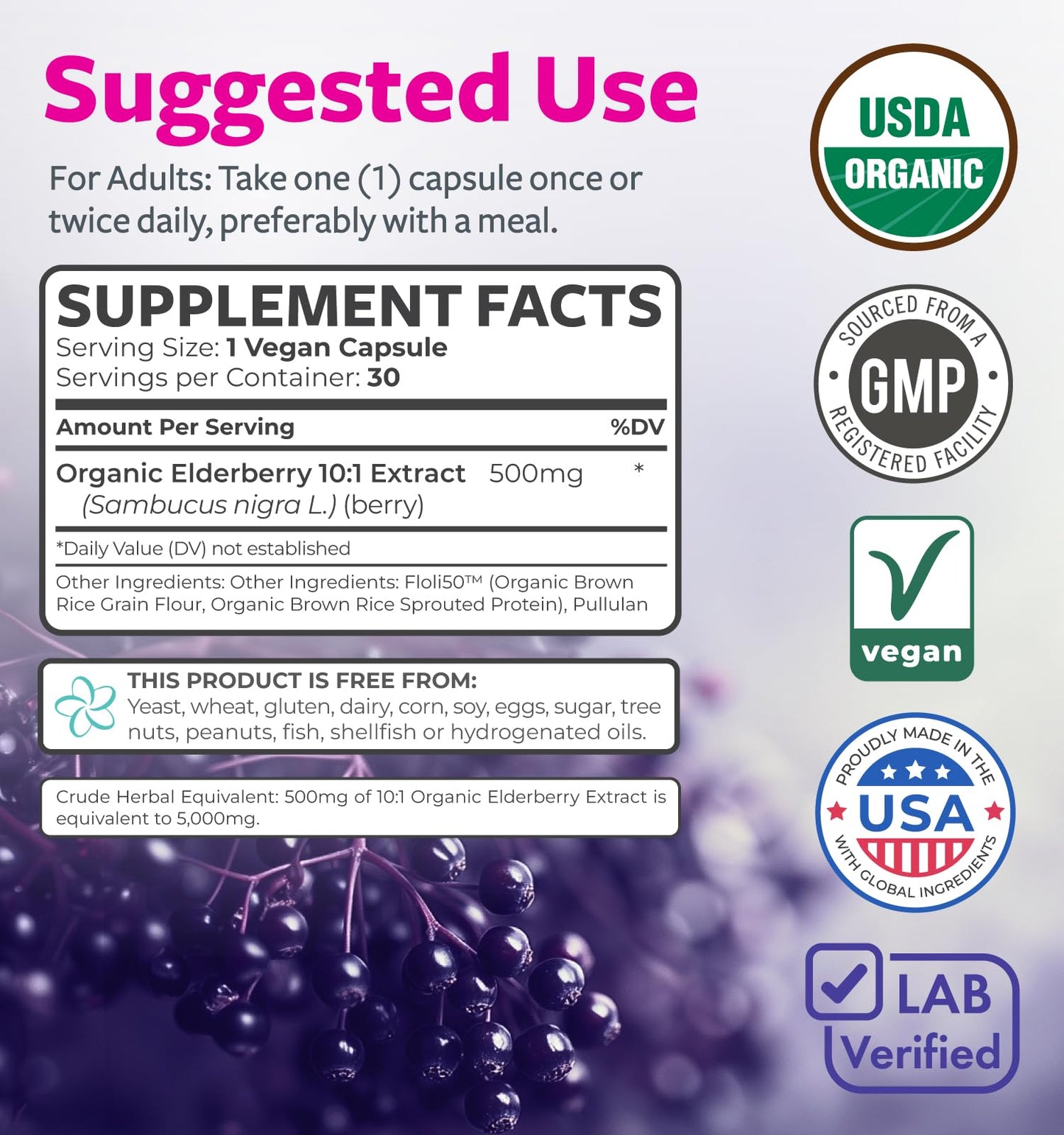 PURE CO Organic Elderberry 10:1 Extract 500mg Per 1 Capsule Serving - Vegan Black Elderberry Supplement for Immune Support, Allergy, Sinus Relief - Sambucus Nigra - 30 Caps