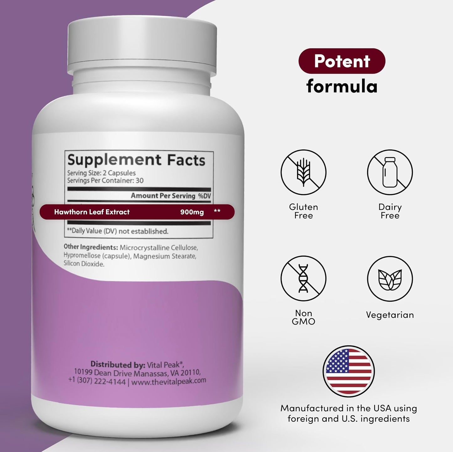 Vital Peak® Hawthorn Peak 900 mg - Supports Heart & Cardiovascular Health - Hawthorn Berry Leaf Extract Supplement - Promotes Overall Wellness - Vegan, Gluten Free, Dairy Free, Non-GMO - 60 Capsules