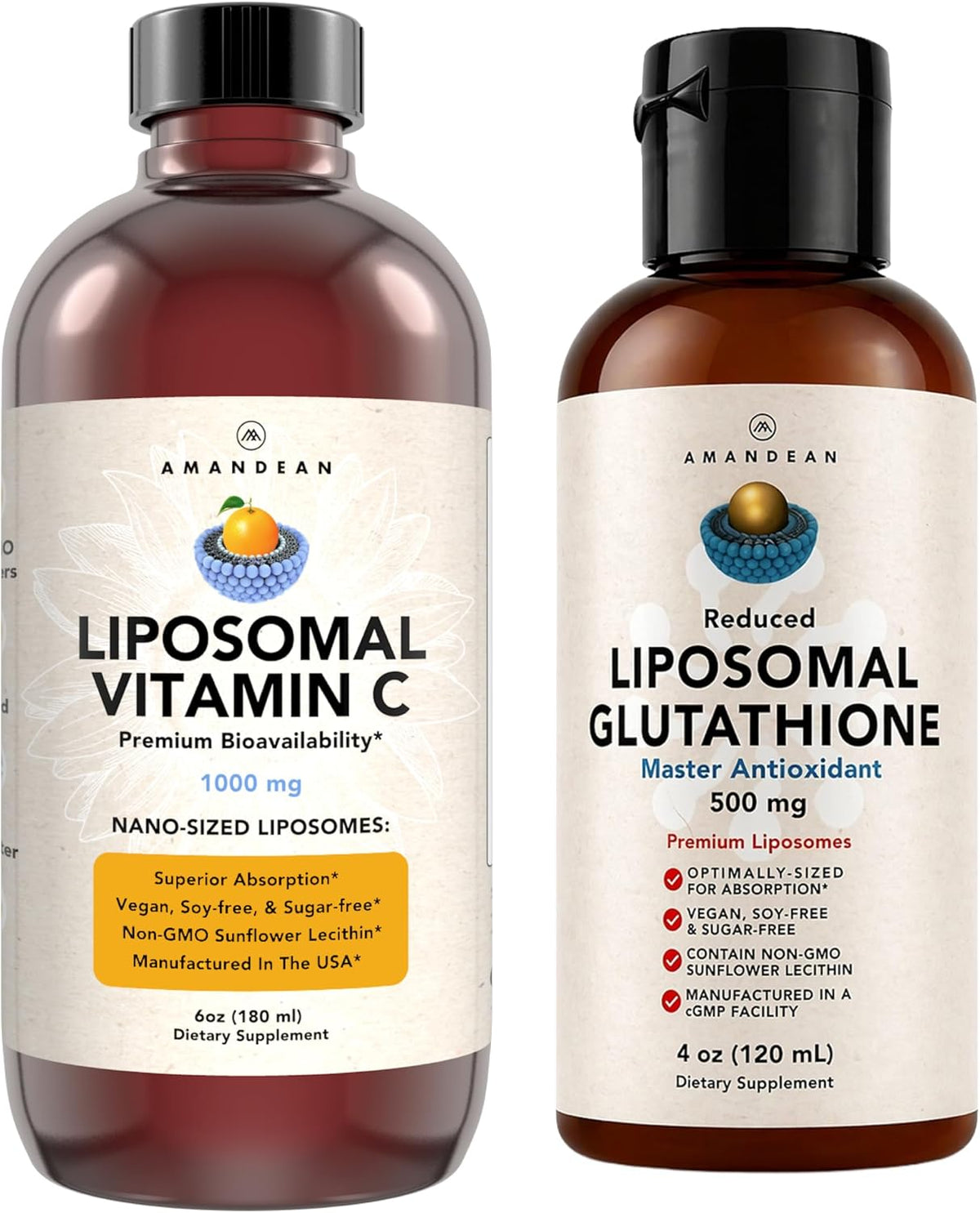 AMANDEAN Antioxidant Bundle - Liposomal Vitamin C Quali®-C 1000mg + Liposomal Glutathione Setria® 500mg - Non-GMO Vegan Liquid Formulas for Immune Support, Radiant Skin & Graceful Aging. Soy Free.