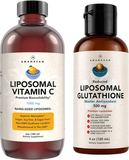 AMANDEAN Antioxidant Bundle - Liposomal Vitamin C Quali®-C 1000mg + Liposomal Glutathione Setria® 500mg - Non-GMO Vegan Liquid Formulas for Immune Support, Radiant Skin & Graceful Aging. Soy Free.