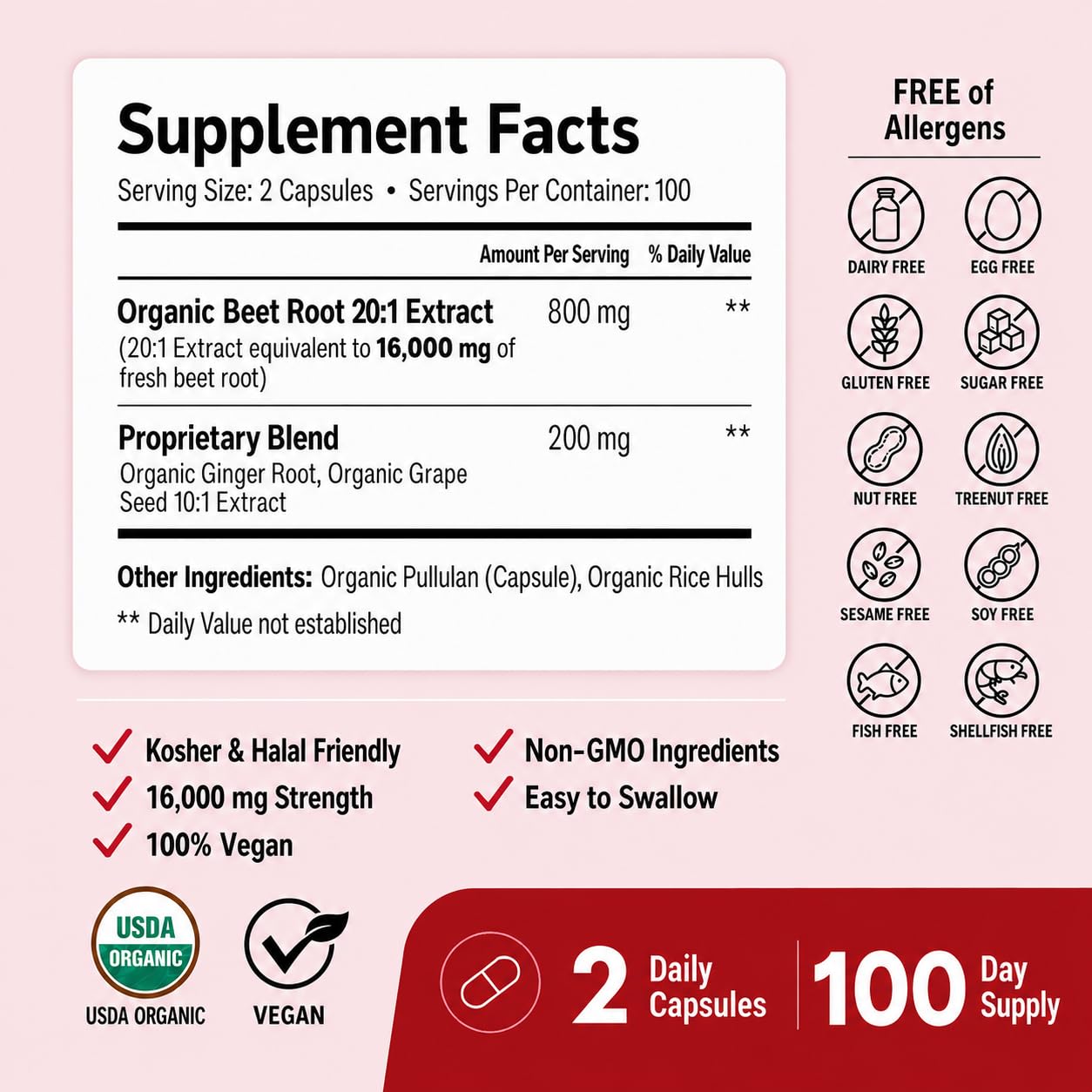 ForestLeaf USDA Organic Beet Root Capsules - Beetroot Supplement 1000mg 20:1 Extract w/Ginger Grape Seed - Support Blood Pressure, Nitric Oxide, Flow, Circulation - Made in USA - 120 Caps
