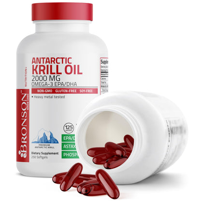Bronson Antarctic Krill Oil 2000 mg with Omega-3s, 120 Softgels | Heavy Metal Tested, with EPA, DHA, Astaxanthin and Phospholipids, Non-GMO, Gluten Free, Soy Free