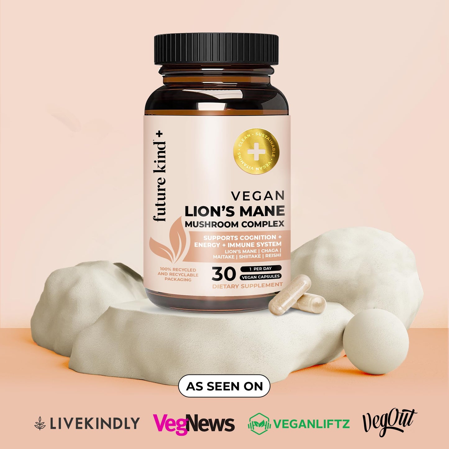 Future Kind Vegan Lion’s Mane Mushroom Complex - Brain Supplement with Chaga, Maitake, Shiitake, & Reishi, Supports Memory and Focus (30ct)