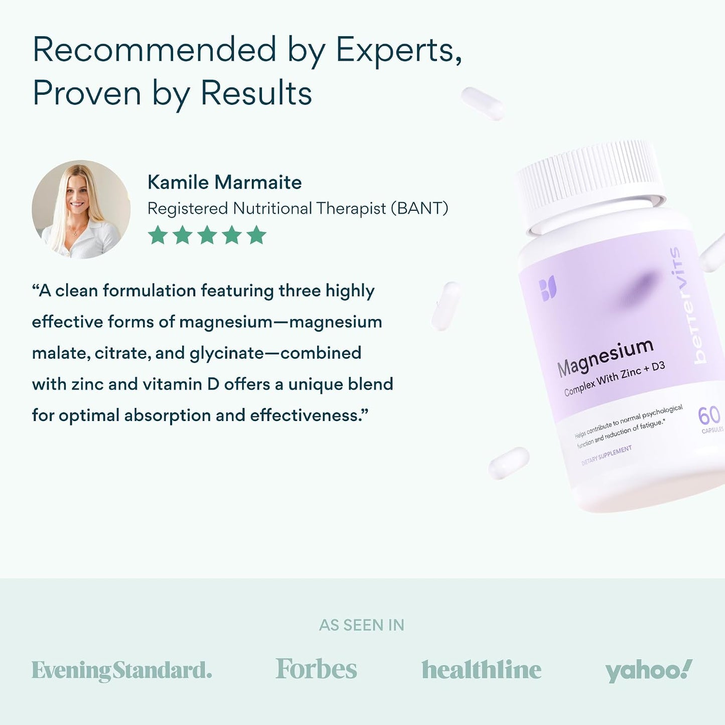 Bettervits Magnesium Glycinate Complex with Citrate Malate Zinc & Vitamin D3 | High Absorption Pure Magnesium 225mg Supplement Chelated Formula for Muscle Relaxation, Sleep Support – 60 Capsules