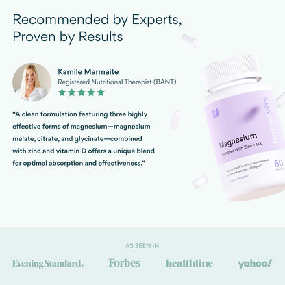 Bettervits Magnesium Glycinate Complex with Citrate Malate Zinc & Vitamin D3 | High Absorption Pure Magnesium 225mg Supplement Chelated Formula for Muscle Relaxation, Sleep Support – 60 Capsules