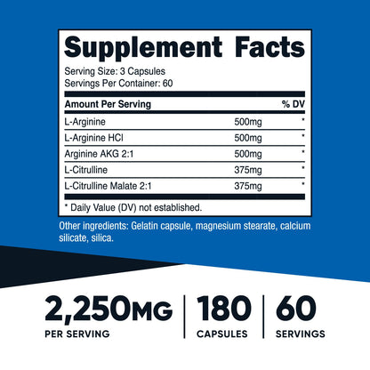 Nutricost Nitric Oxide Booster 750mg, 180 Capsules - 2250mg Per Serving - Gluten Free