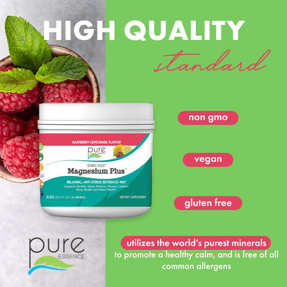 Pure Essence Labs Ionic Fizz Magnesium Plus, Anti-Stress Supplement Drink Powder, Gluten Free and Non-GMO Magnesium Powder, Raspberry Lemonade Flavor, 12.06 oz