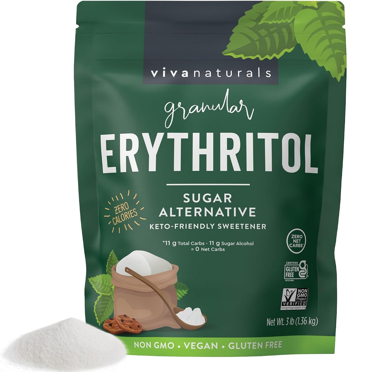 Viva Naturals Erythritol Sweetener, 3 lb – Zero Calorie Sugar Alternative, No Bitter Aftertaste, Low Glycemic Index, Ideal for Baking & Sweetening - Keto Friendly, Non-GMO