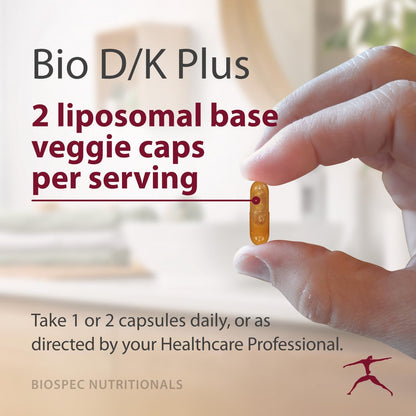 BIOSPEC NUTRITIONALS Bio D/K Plus - Vitamin D3 + K2 with 5000 IU of D3 and 200 mcg of Vitamin K2 (MK-7) in a lipsomal Base for Enhanced Absorption (60 Capsules)