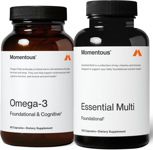 Momentous Omega-3 + Multi Stack - Daily 1600mg Fish Oil Supplement & Complete Essential Vitamin & Mineral Complex to Support Joint Health, EPA & DHA - NSF Certified, Gluten & GMO-Free (30 Servings)