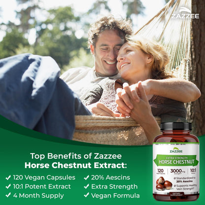 Zazzee Extra Strength Horse Chestnut 10:1 Extract, 20% Aescins, 120 Vegan Capsules, 4 Month Supply, Aesculus Hippocastanum, Healthy Circulation & Blood Flow Support, Non-GMO, Made in the USA