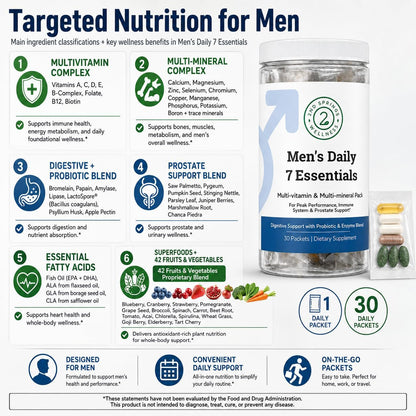 Daily 7 Essentials Men's Vitamin Pack - 30 Packets | Adult Multivitamin & Multimineral Supplement Pack - 30 Packets