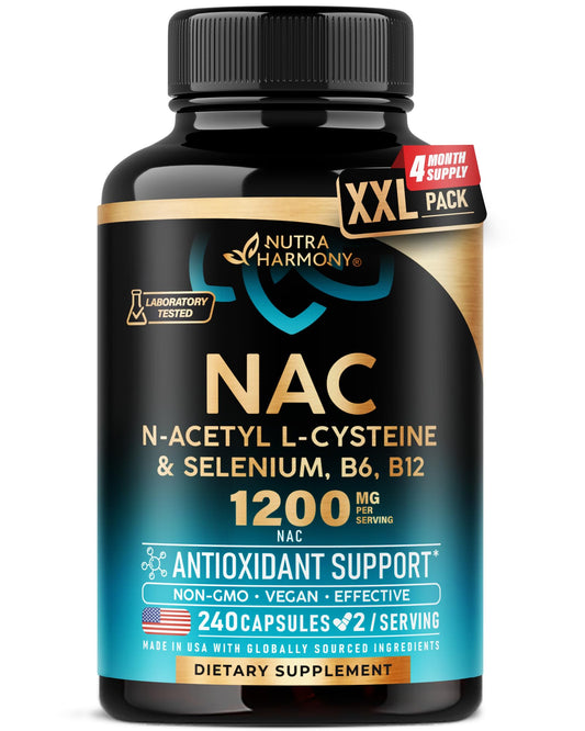 NAC Supplement | Selenium | B6 | B12 - Antioxidant, Immune Support - N Acetyl Cysteine 600 mg per Capsule, 1200 mg per Serving - Lab Tested - Non-GMO, Gluten-Free, Vegan - 120 caps, 2 Month Supply