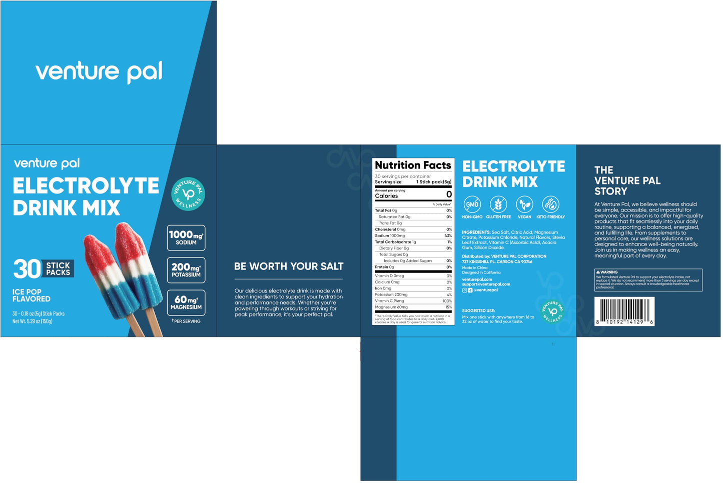 Venture Pal High Sodium Sugar-Free Electrolytes Powder Packets, 16 Sticks | Hydration Packets with Sodium, Potassium & Magnesium, Zero Calories, Keto, Vegan, and Paleo Friendly