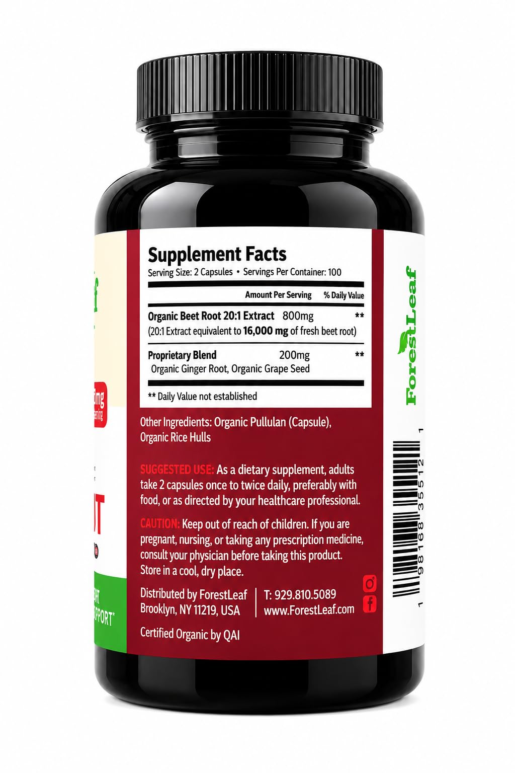 ForestLeaf USDA Organic Beet Root Capsules - Beetroot Supplement 1000mg 20:1 Extract w/Ginger Grape Seed - Support Blood Pressure, Nitric Oxide, Flow, Circulation - Made in USA - 120 Caps