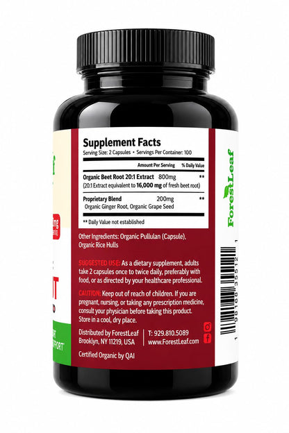ForestLeaf USDA Organic Beet Root Capsules - Beetroot Supplement 1000mg 20:1 Extract w/Ginger Grape Seed - Support Blood Pressure, Nitric Oxide, Flow, Circulation - Made in USA - 120 Caps