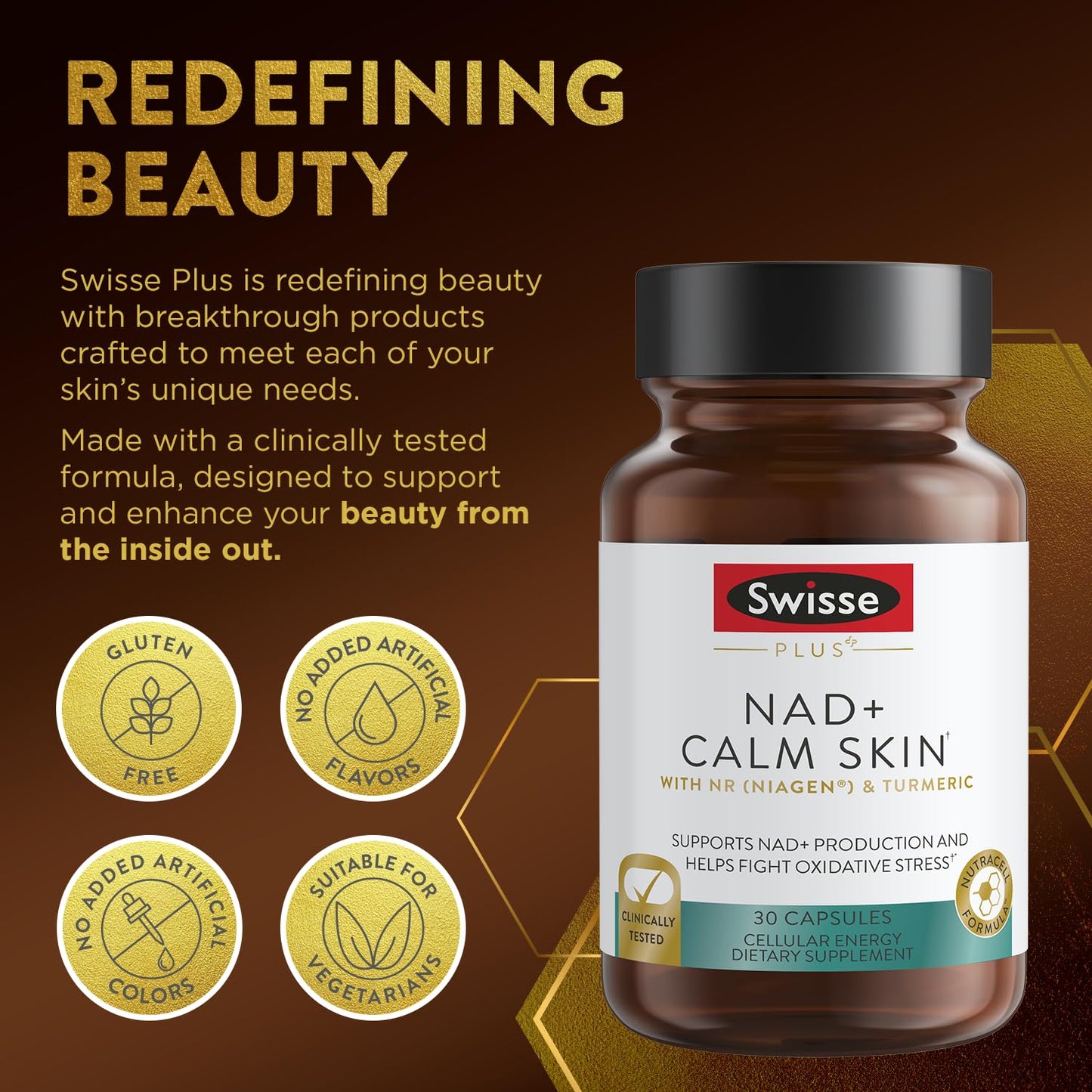 Swisse Plus NAD+ Beauty Restore | Clinically Tested Ingredients | NAD+ Supplement for Men & Women | Supports Collagen Formation, Skin Elasticity & Anti-Aging Supplement | 30 Capsules