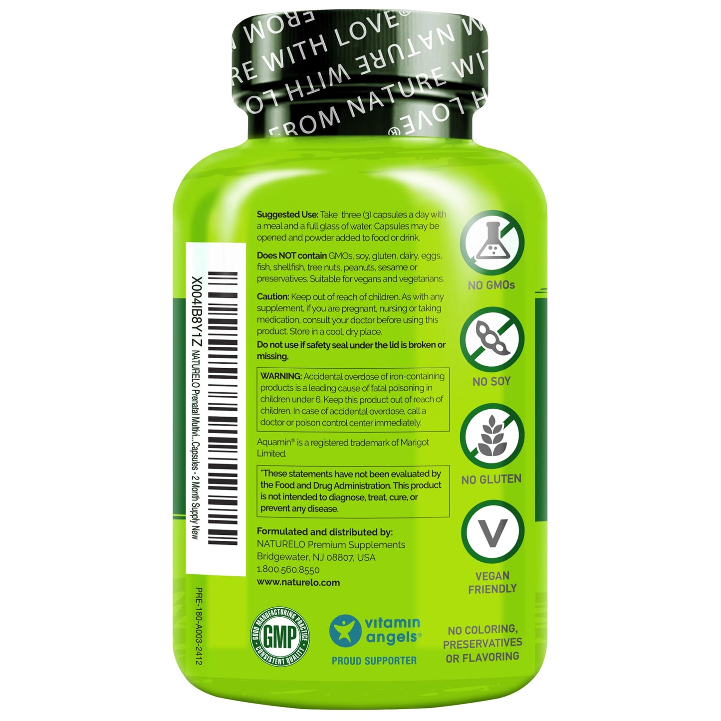 NATURELO Prenatal Multivitamin with Gentle Chelated Iron, Methyl Folate, Plant Calcium & Choline - Vegan, Vegetarian - Non-GMO - Gluten Free - 180 Capsules - 2 Month Supply