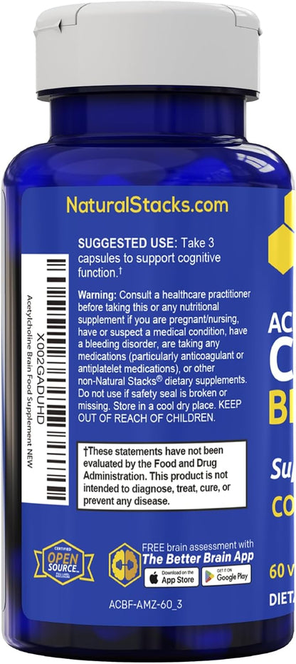 Acetylcholine Brain Food w/Alpha GPC, Cognitive Function Support, 60 Count | Choline Supplement w/ 319mg Acetyl L-Carnitine & White Peony Root - Neurotransmitter Support for Learning - Natural Stacks