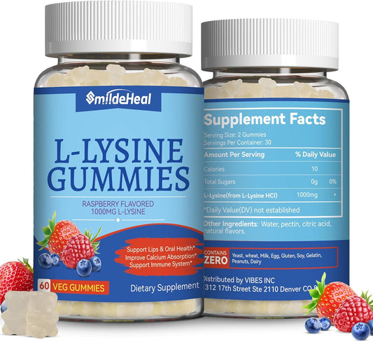 2 Pack L-Lysine 1000mg Gummies, Chewable Lysine Supplement for Adults | Lysine Gummies for Immune Support, Collagen Formation Support*, Vegan, Gluten Free - 120 Counts