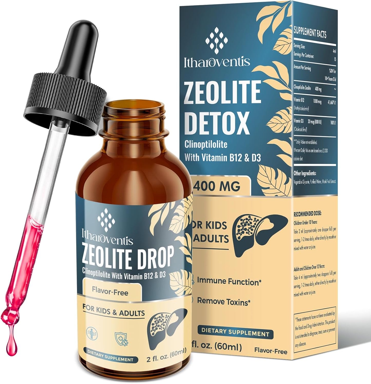 Itharoventis Zeolite Drops, Liquid Clinoptilolite with B12 & D3, 2 Fl Oz | Monk fruit berry flavor with methyl B12 and vitamin D3; sugar-free liquid formula