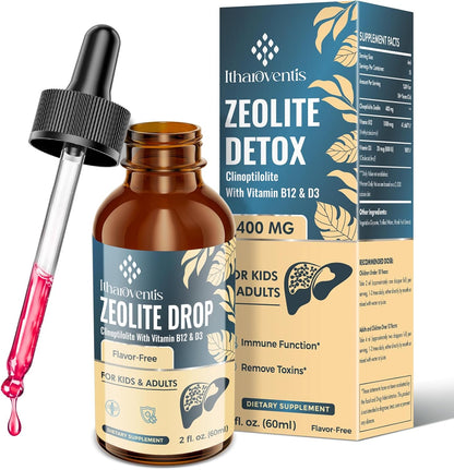Itharoventis Zeolite Drops, Liquid Clinoptilolite with B12 & D3, 2 Fl Oz | Monk fruit berry flavor with methyl B12 and vitamin D3; sugar-free liquid formula