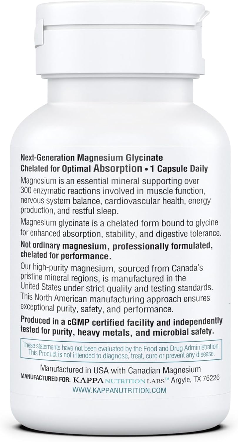 Kappa Nutrition, Magnesium Glycinate 60 Vegan Capsules, 160 mg Elemental | High-Absorption Chelated Magnesium | 1 Capsule Daily | Non-GMO, Vegan, Gluten-Free | Made in USA with Canadian Magnesium