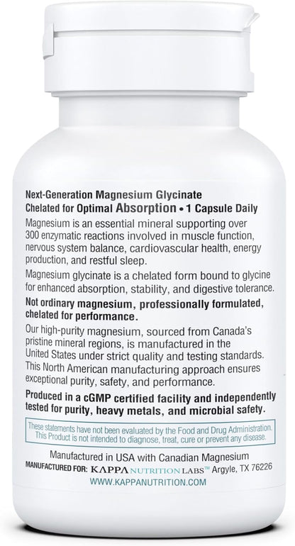 Kappa Nutrition, Magnesium Glycinate 60 Vegan Capsules, 160 mg Elemental | High-Absorption Chelated Magnesium | 1 Capsule Daily | Non-GMO, Vegan, Gluten-Free | Made in USA with Canadian Magnesium