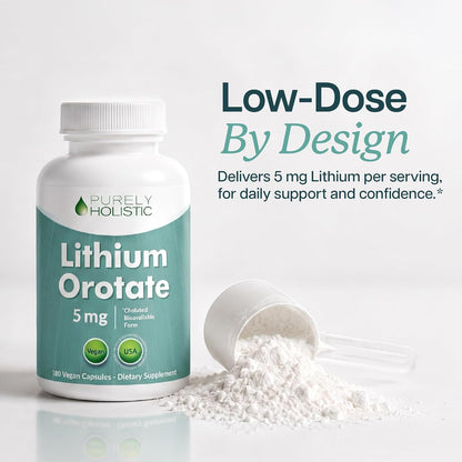 Lithium Orotate 5mg, Mood and Emotional Balance Support, 6 Month Supply | Highly-Bioavailable Chelated Form, Low Dose Lithium Supplements for Cognitive Health & Calm Support, Vegan, 180 Capsules