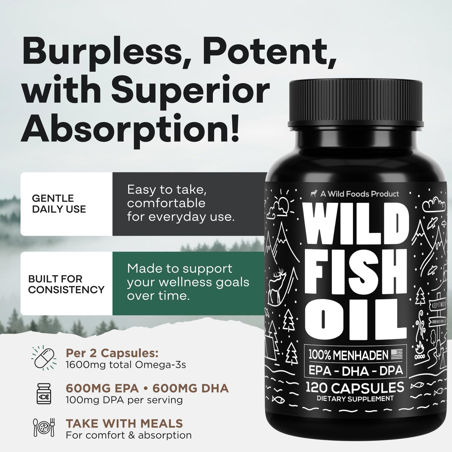 Wild Foods Fish Oil Omega 3 Supplements | 1600 mg | Highly-Potent: DPA, DHA, EPA | Burpless, Odorless, Non-GMO, Gluten Free | For Brain & Heart Health, Joint Support | 60 Capsules (1 pk) | 30 Servings