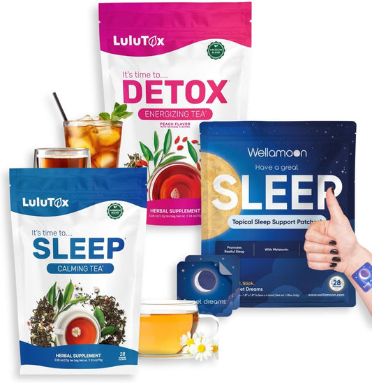 LULUTOX Herbal Tea & Sleep Support Bundle – Detox Herbal Tea (28 Servings) + Deep Sleep Tea (28 Bags) + Sleep Patches (28 Ct)