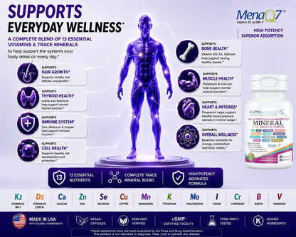 KAPPA NUTRITION Mineral 13 in 1 Advanced Complex with Albion® Chelated Minerals & MenaQ7® MK-7 Vitamin K2 | Calcium, Zinc, Selenium, Chromium, Iodine & Trace Minerals | 90 Vegan Capsules