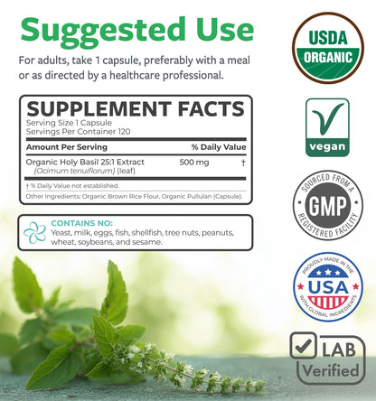 PURE CO USDA Organic Holy Basil Supplement – High Potency Organic Holy Basil 500mg 25:1 Extract 1 Capsule Per Serving – High Strength Tulsi Extract – 60 Vegan Capsules – Non-GMO & Made in USA