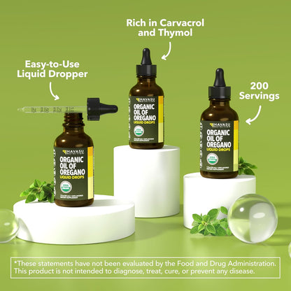 Organic Oil of Oregano Drops, 200 Servings, 1 Fl Oz High Strength Carvacrol | Oregano Oil Liquid Drops for Daily and Seasonal Immune Support, 6 Month Supply, Alcohol Free, Non-GMO, USDA Certified, Vegan