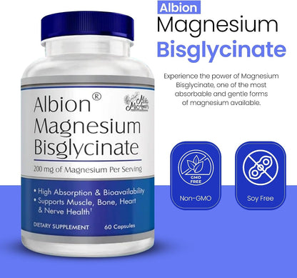 MilaMiAmor Albion® Magnesium Bisglycinate – Highly Absorbable Chelated Magnesium for Muscle, Nerve, Relaxation & Sleep Support – Gentle on Stomach, Vegan – 200mg per Serving, 60 Capsules