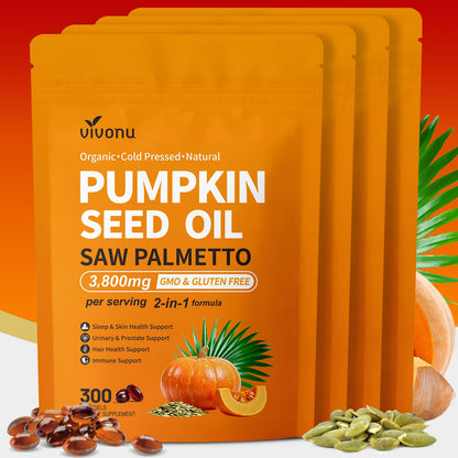 VivoNu Pumpkin Seed Oil with Saw Palmetto Capsules,3800mg 300 Softgels | Cold Pressed,Pure Virgin Oil,Essential Fatty Acids&Phytosterols | Supports Hair,Urinary,Bladder&Prostate Health|Non-GMO