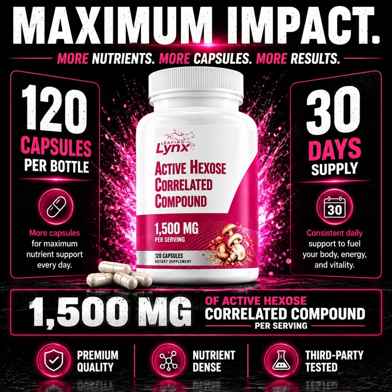 Active Hexose Correlated Compound 1500 mg, Clinically Studied Mushroom Extract for Immune System Support & Cellular Defense | 120 Capsules (40-Day Supply) | Non-GMO, Shiitake, Lion's Mane, Turkey Tail