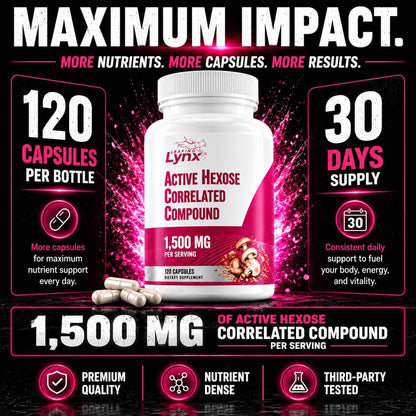 Active Hexose Correlated Compound 1500 mg, Clinically Studied Mushroom Extract for Immune System Support & Cellular Defense | 120 Capsules (40-Day Supply) | Non-GMO, Shiitake, Lion's Mane, Turkey Tail